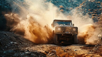 4x4 off-road truck conquering a challenging terrain, kicking up dust in its wake. The image conveys a sense of rugged adventure