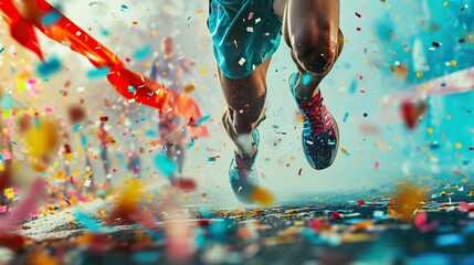 Finish line ribbon being crossed by a determined runner, captured mid-stride with confetti bursting in the air. The image encapsulates the joy and triumph of reaching a goal - obrazy, fototapety, plakaty