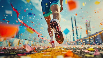 Finish line ribbon being crossed by a determined runner, captured mid-stride with confetti bursting in the air. The image encapsulates the joy and triumph of reaching a goal - obrazy, fototapety, plakaty