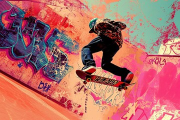 Skateboarders executing tricks in a Supreme-branded skate park, blending the rebellious spirit of skate culture with the brand's aesthetic. The image incorporates bold colors reminiscent of pop art