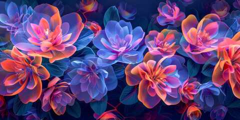 Neon Glow Digital Art of Exotic Flowers in Bloom - obrazy, fototapety, plakaty
