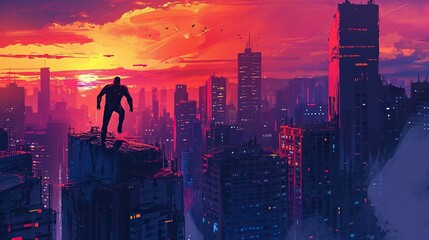 Towering skyscrapers and a vibrant sunset as a heroic figure emerges in a powerful stance, ready to face impending danger. The composition draws inspiration from classic comic book art - obrazy, fototapety, plakaty
