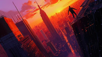 Towering skyscrapers and a vibrant sunset as a heroic figure emerges in a powerful stance, ready to face impending danger. The composition draws inspiration from classic comic book art