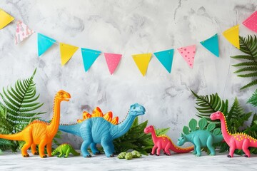 Obraz premium The backdrop composition featured small cute colorful dinosaurs set on the floor with bunting garland and colored paper flags hanging over it. Dinosaur Day.