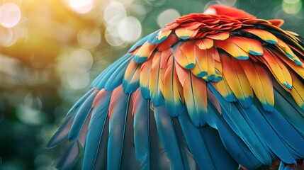 Obraz premium Colorful bird feathers, abstract close-up, high-angle, blurred forest setting, bright daylight