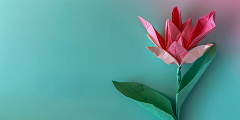 Origami Flower in Pink and Green Hues on Pastel Background