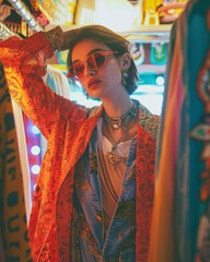 A fashion-forward woman girl trying on eclectic outfits in a boutique, showcasing the curiosity and experimentation in personal style.