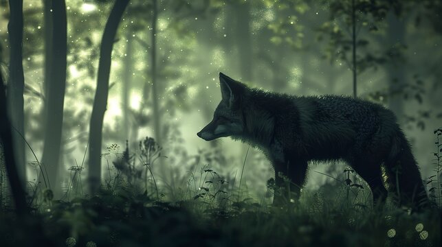 Surreal fox outline, dense forest backdrop, close-up, ground-level shot, twilight shadows