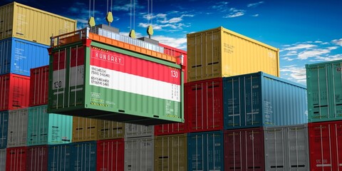 Freight shipping container with flag of Hungary on crane hook - 3D illustration