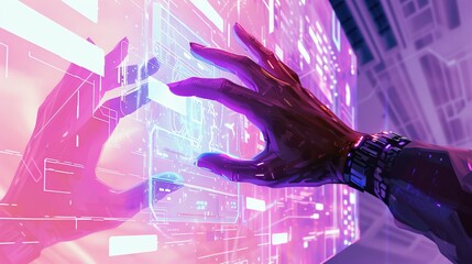 A futuristic portraying hands interacting with holographic interfaces, conveying the synergy between humanity and technology. - obrazy, fototapety, plakaty