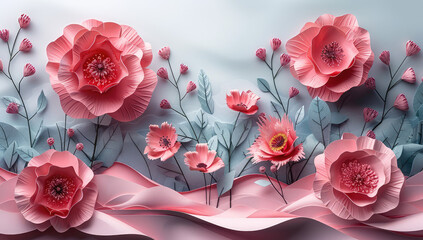 3D paper art, pink and coral colored flowers with grey leaves on white background. Created with Ai