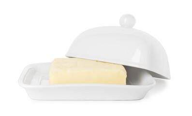 Dish with block of tasty butter isolated on white