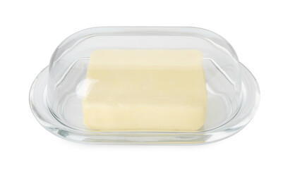 Dish with block of tasty butter isolated on white