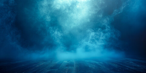 Mystical Blue Smoke Filling Dark Theatrical Stage - obrazy, fototapety, plakaty