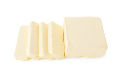 Slices of tasty butter isolated on white