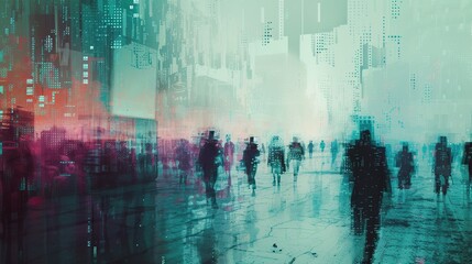 A futuristic cityscape with people turning into streams of digital code, seemingly pushed out of the physical realm. The transition from human to code is depicted in a glitch-art style