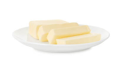 Plate with tasty cut butter isolated on white