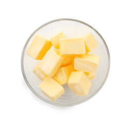 Tasty butter cubes in bowl isolated on white, top view