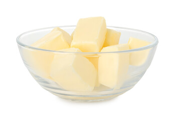 Tasty butter cubes in bowl isolated on white