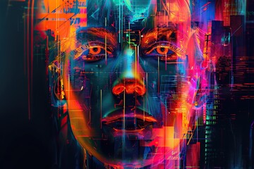A futuristic digital manipulation featuring a face of a woman adorned with holographic geometric shapes and lines, creating a surreal and cyberpunk aesthetic. The vibrant, neon colors 