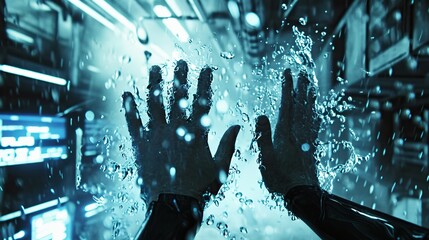Hands under an advanced sensor-operated faucet, with water droplets frozen in mid-air. The overall tone is cool and metallic, drawing inspiration from the sleek stylings of sci-fi movie posters. - obrazy, fototapety, plakaty