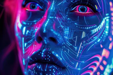 Foto op Plexiglas A futuristic digital manipulation featuring a face of a woman adorned with holographic geometric shapes and lines, creating a surreal and cyberpunk aesthetic. The vibrant, neon colors  © Oskar Reschke
