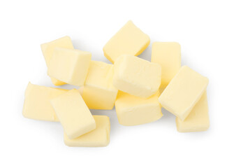 Pile of tasty butter cubes isolated on white, top view