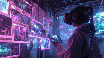 A futuristic scene featuring a scientist immersed in a virtual reality environment, conducting experiments without the need for live animals. The image draws inspiration from cyberpunk aesthetics - obrazy, fototapety, plakaty