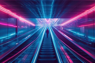 A futuristic scene with a person standing on an escalator that stretches infinitely upward, symbolizing the unstoppable rise of technology. Cool, metallic tones reminiscent of sci-fi film aesthetics