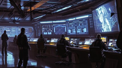 A futuristic space launch control room, illuminated by the glow of multiple screens displaying vital mission data. Engineers in sleek, high-tech attire focus intently on their tasks