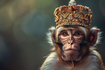 Big boss monkey with a golden crown on his head - obrazy, fototapety, plakaty