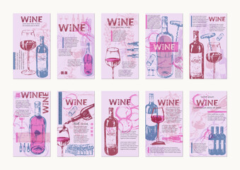 Wine background set. Bright party invitation, flyer, menu list, winery, tasting design