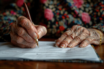Obraz premium Senior woman's hand signing a document- close-up