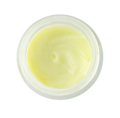 Jar of body care cream isolated on white, top view