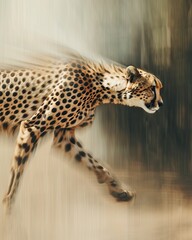 Sleek cheetah in mid-stride, its lithe form elegantly depicted against a blurred background.