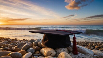 Graduation Cap Amidst Pebbles and Waves on a Secluded Beach