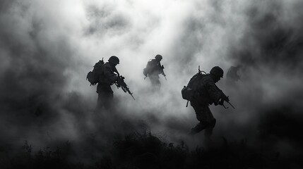 Military incursion training exercise, capturing soldiers moving stealthily through dense fog. The composition plays with shadows and highlights to convey tension and secrecy.