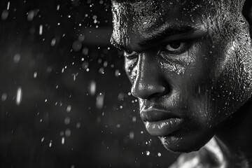 Determined, sweat-drenched Afro-American rookie boxer in the midst of an intense training session. The harsh contrast emphasizes the rugged determination in the rookie's eyes.