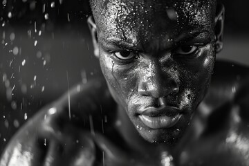 Determined, sweat-drenched Afro-American rookie boxer in the midst of an intense training session. The harsh contrast emphasizes the rugged determination in the rookie's eyes.