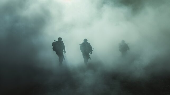 Military incursion training exercise, capturing soldiers moving stealthily through dense fog. The composition plays with shadows and highlights to convey tension and secrecy.
