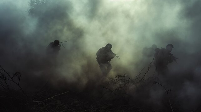 Military incursion training exercise, capturing soldiers moving stealthily through dense fog. The composition plays with shadows and highlights to convey tension and secrecy.