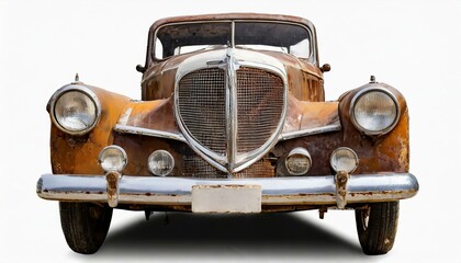 Rustic Remnant: Front View of Old Weathered Classic Car, Isolated