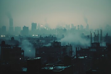 City skyline obscured by smog, emphasizing the consequences of air pollution.