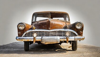 Classic Elegance: Isolated Front of Rusty Antique Car on White - obrazy, fototapety, plakaty