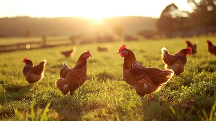 Chickens foraging in a sunlit pasture, capturing the essence of free-range farming and the natural habitat of these birds. The image draws inspiration from agricultural photography