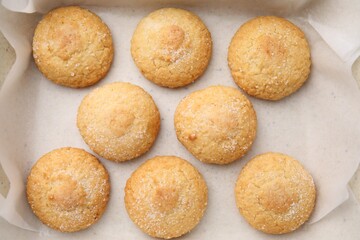 Tasty sweet sugar cookies in baking dish, top view