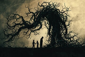 Silhouette of a father figure casting a long, oppressive shadow over a family. The shadow takes the form of twisted, thorny vines that ensnare the family members, symbolizing the impact of a father - obrazy, fototapety, plakaty