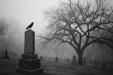 A haunting black and white photograph capturing the desolation of an abandoned graveyard in dense fog. The weathered tombstones cast eerie shadows, and a crow perched on an ancient tree