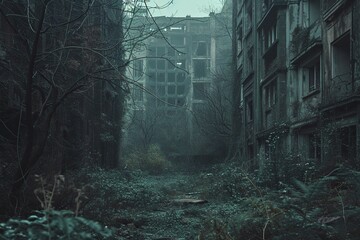 A haunting desolate urban environment, with dilapidated buildings and overgrown vegetation. The muted color palette of grays and greens accentuates the eerie atmosphere