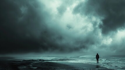 Lone figure standing on a desolate beach, their silhouette against a stormy sky, emitting a silent wail. Moody, monochromatic tones reminiscent of the emotional landscapes